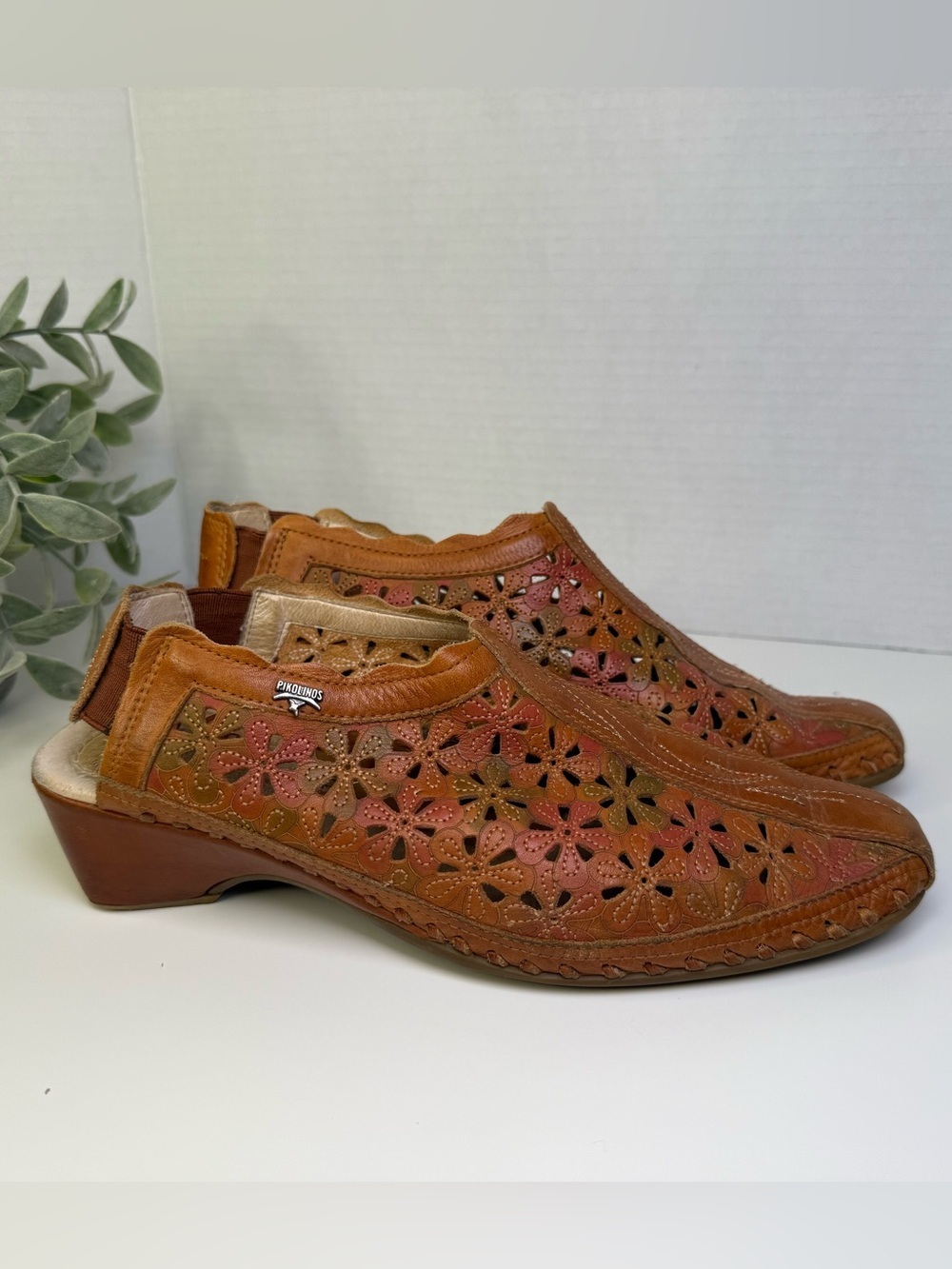 Pikolinos Romana Multitone Floral Leather Cut Out Brown Slip On Mules Size 38 - Picture 2 of 16